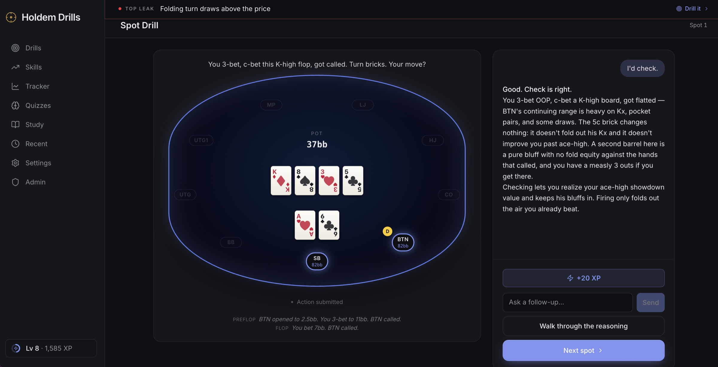 Holdem Drills in session: a Spot Drill — hero SB with A♥6♣ on a K-8-3-5 board after 3-betting and c-betting. The coach's graded response reads 'Good. Check is right.' and explains why a second barrel is a pure bluff with no fold equity, plus a +20 XP reward and a Next spot button.